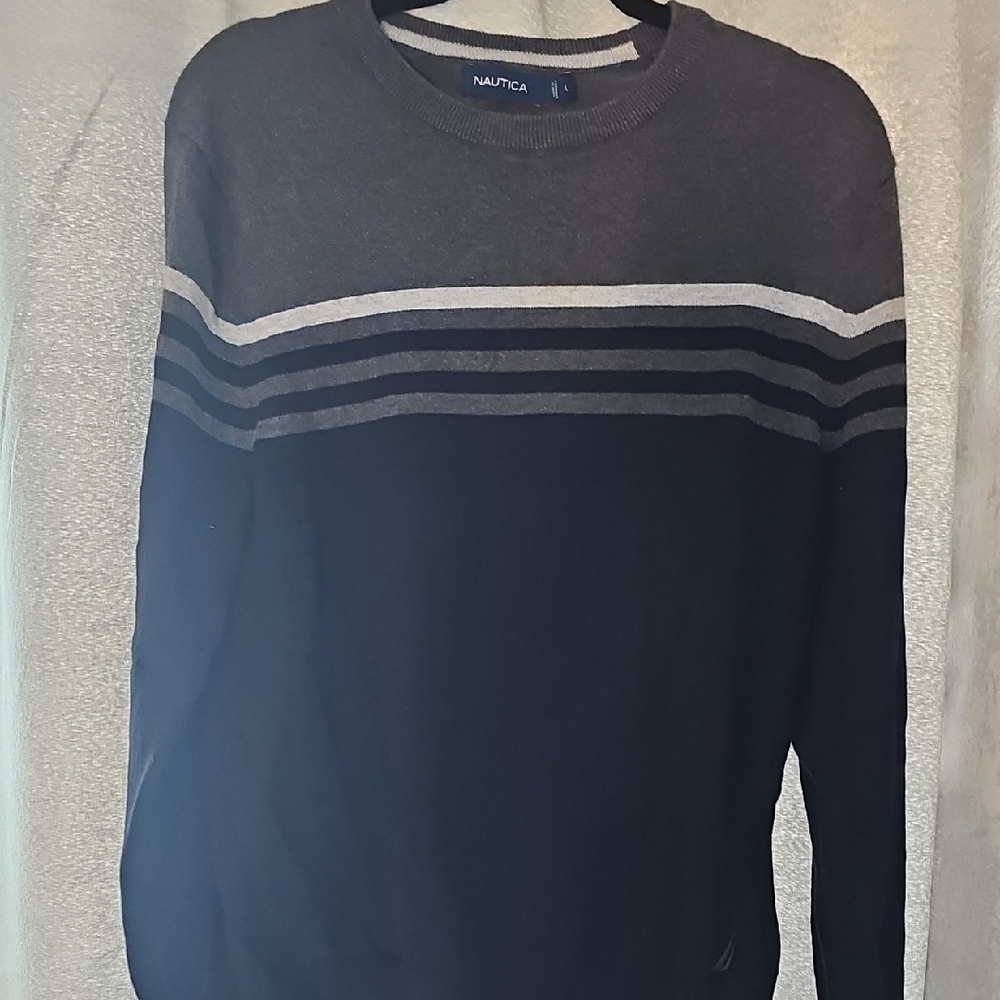 Nautica Gray and Black Crewneck Sweater with Sporty Stripes